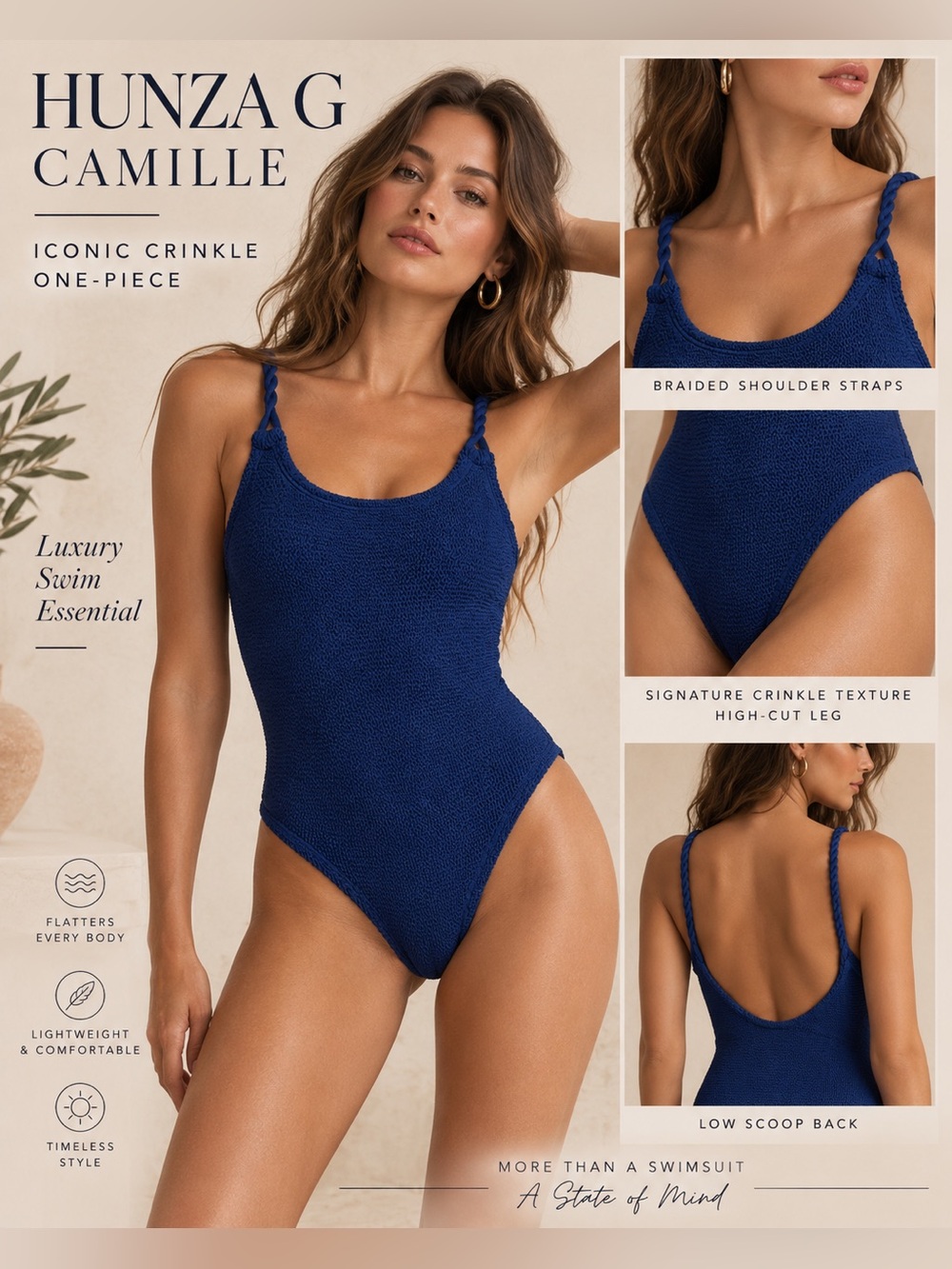 Hunza G Camille Navy Blue Crinkle One Piece Swimsuit Braided Straps One Size